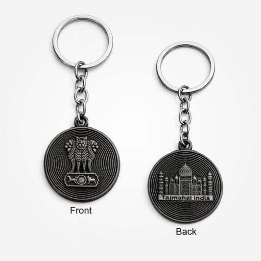 Ashoka Lion Capital & Taj Mahal Dual Emblem | Metal Keychain | Matte Grey Finish