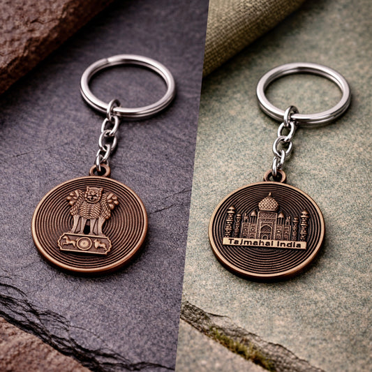 Ashoka Lion Capital & Taj Mahal Dual Emblem | Metal Keychain | Antique Copper Finish
