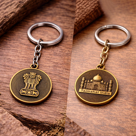 Ashoka Lion Capital & Taj Mahal Dual Emblem | Metal Keychain | Antique Gold Finish