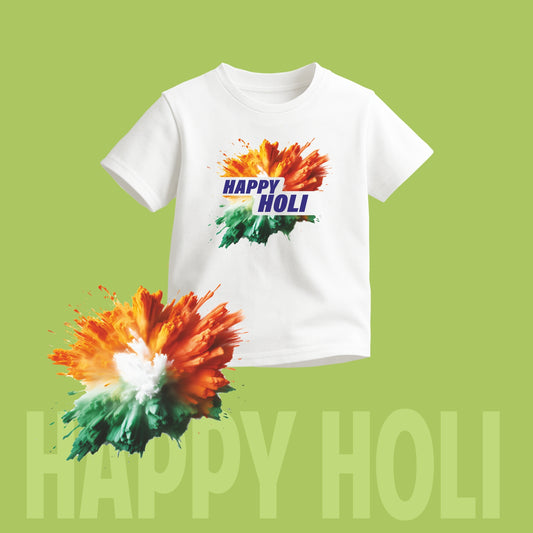 Luv My India Round Neck Kids T-shirt | Pure Cotton Tiranga Happy Holi Print | White Unisex Holi T-shirt