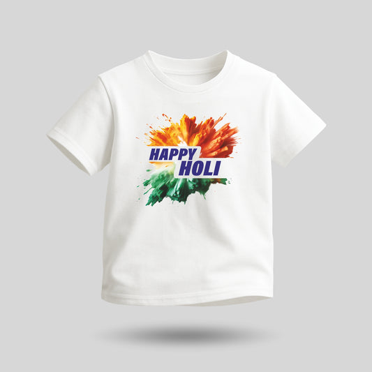 Luv My India Round Neck Kids T-shirt | Pure Cotton Tiranga Happy Holi Print | White Unisex Holi T-shirt