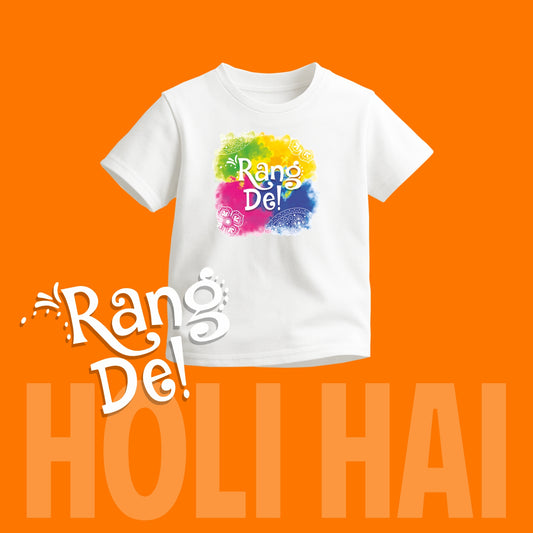 Luv My India Round Neck Kids T-shirt | Pure Cotton Rang De Print | White Unisex Holi T-shirt