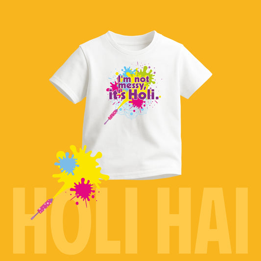Luv My India Round Neck Kids T-shirt | Pure Cotton Messy Holi Print | White Unisex Holi T-shirt