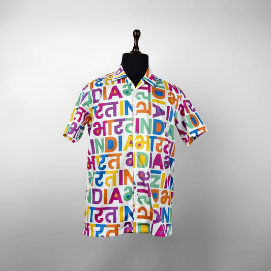 Bharat - India Multicolour Typography Print |  Half-Sleeve Shirt | 100% Giza Cotton