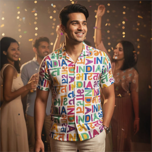 Bharat - India Multicolour Typography Print |  Half-Sleeve Shirt | 100% Giza Cotton