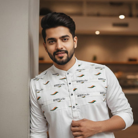 Bharat - India Tricolour | Short Kurta | 100% Giza Cotton | Classic White