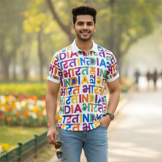 Bharat - India Multicolour Typography Print | Half-Sleeve Polo Neck Shirt | 100% Giza Cotton
