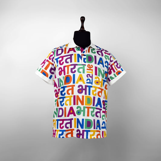 Bharat - India Multicolour Typography Print | Half-Sleeve Polo Neck Shirt | 100% Giza Cotton