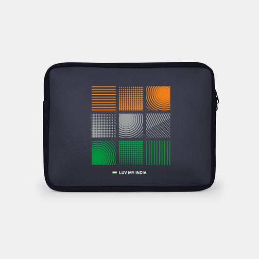 Tricolour Designed Squares | Patriotic Black Sleeve Case Cover Laptop Bag For Men & Women | Luv My India 14.5x11 Inch Waterproof Shock Absorber Laptop/MacBook, Office/College Laptop Bag | 3 Layer Padded Polyester Sponge Laptop Bag