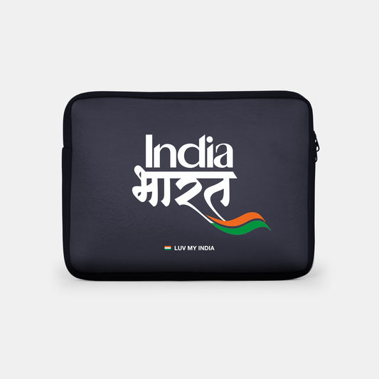 India Bharat With Tiranga Stripes | Patriotic Stylised Black Sleeve Case Cover Laptop Bag For Men & Women | Luv My India 14.5x11 Inch Waterproof Shock Absorber Laptop/MacBook, Office/College Laptop Bag | 3 Layer Padded Polyester Sponge Laptop Bag