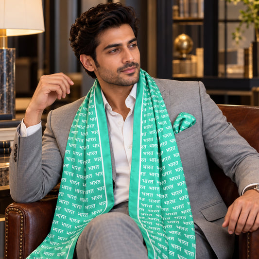 Bharat Signature Print | Premium Modal Silk Stole and Pocket Square Set | Light Green