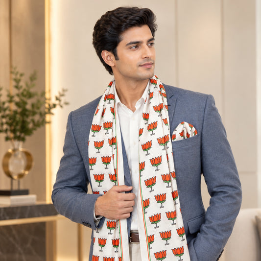 Lotus Motif Print | Premium Modal Silk Stole and Pocket Square Set