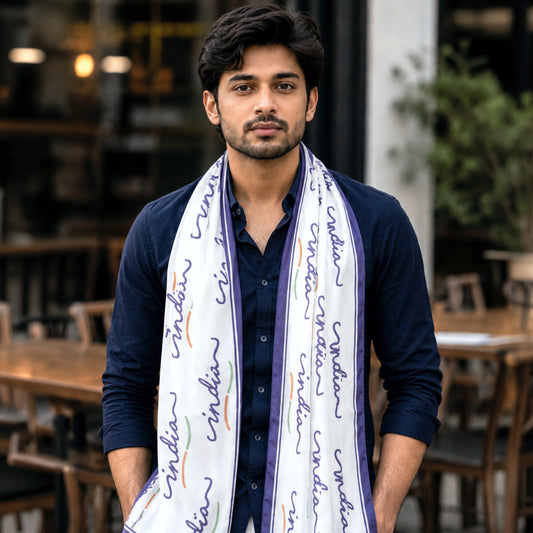 India Script Satin Stole | Unisex | White & Blue