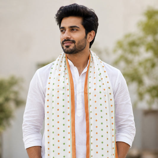 Tricolour Polka Satin Stole | Unisex | White & Tricolour