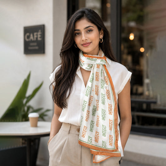 Bharat Script Satin Stole | Unisex | White & Tricolour