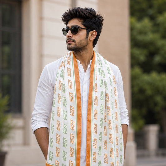 Bharat Script Satin Stole | Unisex | White & Tricolour