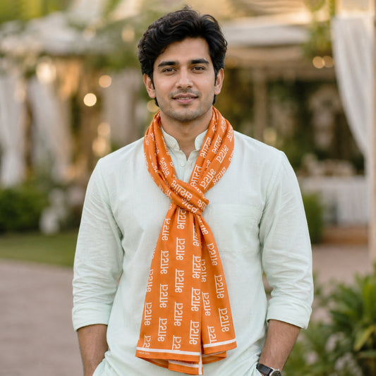 Bharat Script Satin Stole | Unisex | Saffron