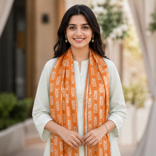 Bharat Script Satin Stole | Unisex | Saffron