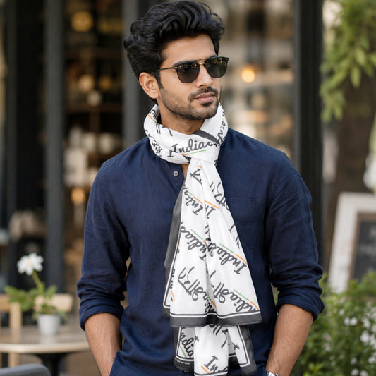 India Script Satin Stole – White & Grey