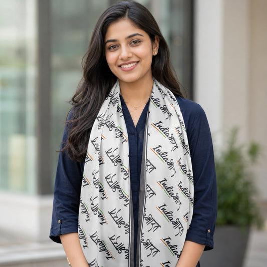 India Script Satin Stole – White & Grey