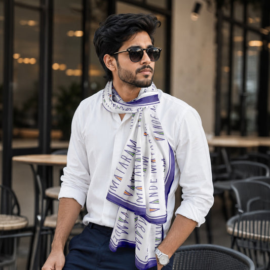 Vande Mataram Satin Stole | Unisex | White & Purple