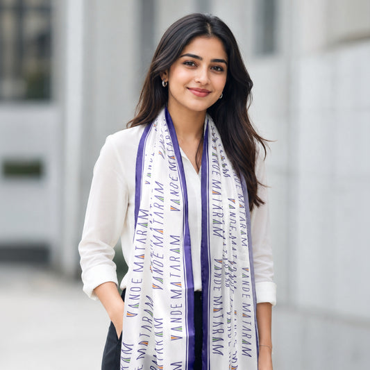 Vande Mataram Satin Stole | Unisex | White & Purple