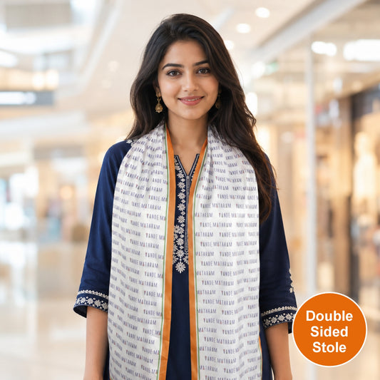 Vande Mataram Satin Stole | Unisex  | White & Tricolour | Dual Side Print
