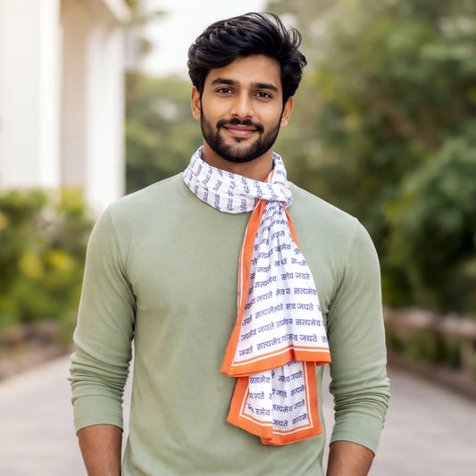 Satyamev Jayate Satin Stole | Unisex | White & Saffron