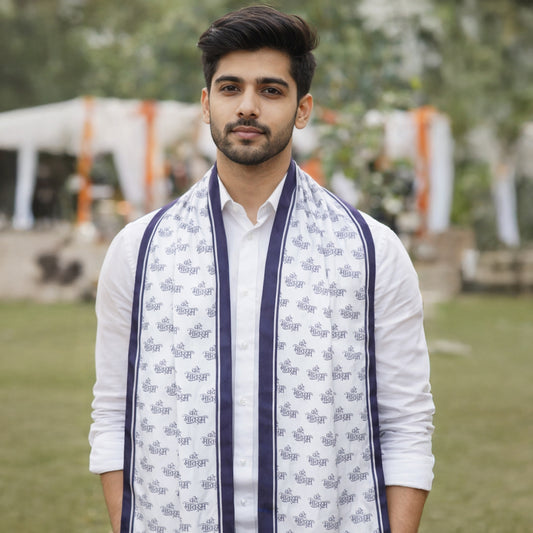 Vande Mataram Satin Stole | Unisex | White & Blue
