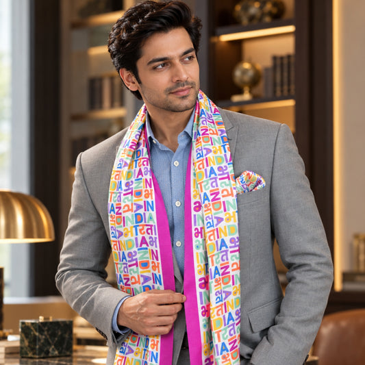 India Bharat Multicolour Typography | Premium Modal Silk Stole and Pocket Square Set
