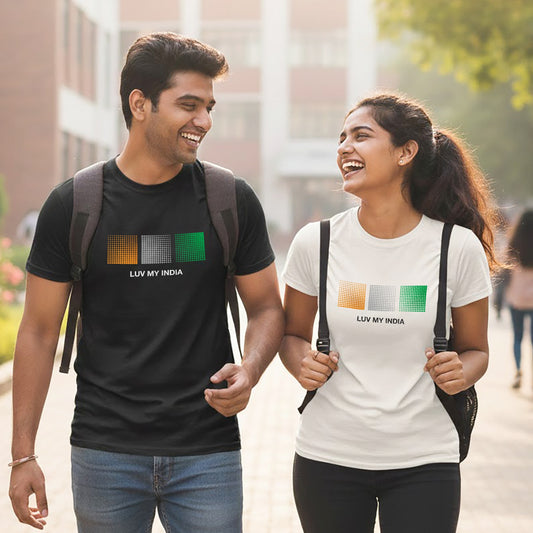 Luv My India Tricolour Blocks | Round Neck Unisex T-Shirt | Pure Cotton Luv My India Fashion | Patriotic T-Shirt