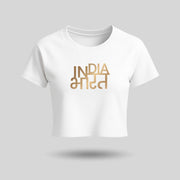 India Bharat | Gold Foil Round Neck Women's Crop Top T-Shirt | Pure Cotton Luv My India Fashion | Patriotic T-Shirt