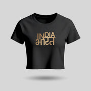 India Bharat | Gold Foil Round Neck Women's Crop Top T-Shirt | Pure Cotton Luv My India Fashion | Patriotic T-Shirt