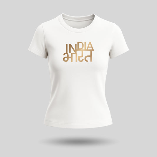 India Bharat | Gold Foil Round Neck Women's T-Shirt | Pure Cotton Luv My India Fashion | Patriotic T-Shirt