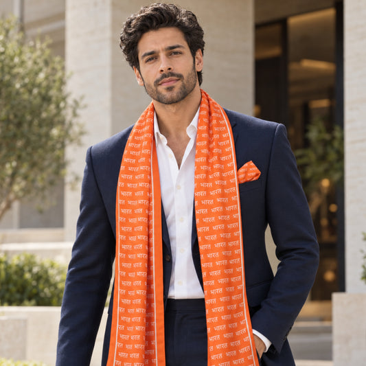 Bharat Signature Print | Premium Modal Silk Stole and Pocket Square Set | Saffron
