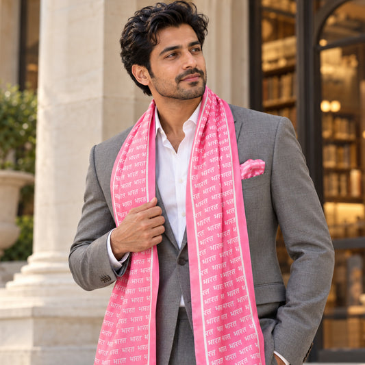 Bharat Signature Print | Premium Modal Silk Stole and Pocket Square Set | Light Pink