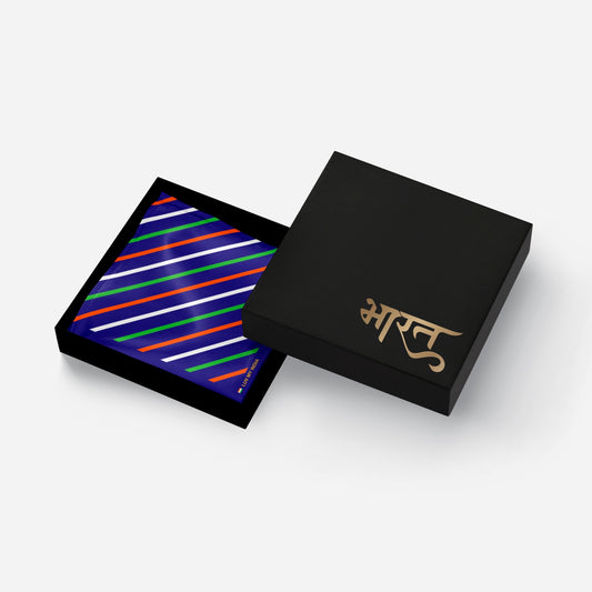 Tiranga Lines and Hearts | Luv My India Bemberg Vegan Silk Blue Pocket Square | Digital Print Black 33x33 CM Patriotic Premium Pocket Square
