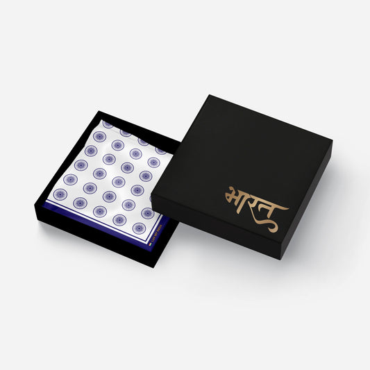 White Ashok Chakra | Luv My India Bemberg Vegan Silk White Pocket Square | Digital Print 33x33 CM Patriotic Premium Pocket Square