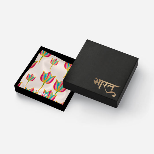 Pink Lotus Motifs | Luv My India Patriotic Premium Bemberg Vegan Silk Pocket Square | National Symbol Digital Print 33x33 CM Pocket Square