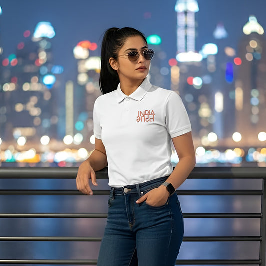 India Bharat | Metallic / Zari Thread Rose Gold Embroidery | PCPQ Polo Neck Unisex T-Shirt | Pure Cotton Luv My India Fashion | Patriotic T-Shirt