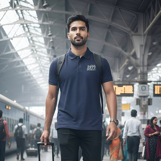 India Bharat | Metallic / Zari Thread Sliver Embroidery | PCPQ Polo Neck Unisex T-Shirt | Pure Cotton Luv My India Fashion | Patriotic T-Shirt