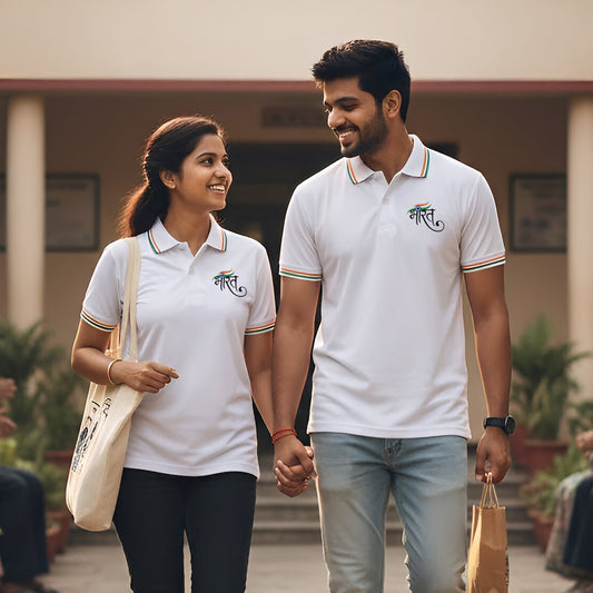 Bharat | Embroidery Print PCPQ Polo Neck Unisex T-Shirt | Pure Cotton Luv My India Fashion | Patriotic T-Shirt