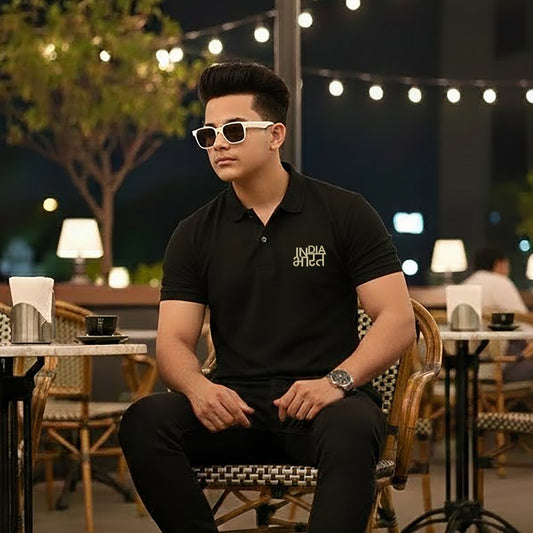 India Bharat | Metallic / Zari Thread Light Golden Embroidery | PCPQ Polo Neck Unisex T-Shirt | Pure Cotton Luv My India Fashion | Patriotic T-Shirt