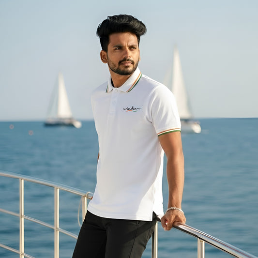 India | Embroidery Print PCPQ Polo Neck Unisex T-Shirt | Pure Cotton Luv My India Fashion | Patriotic T-Shirt