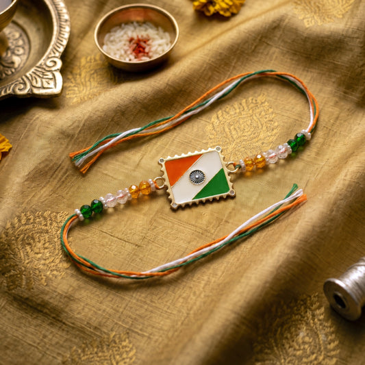 Tiranga Bandhan Gold-Finish Handmade Rakhi & Bemberg Vegan Silk Pocket Square Combo