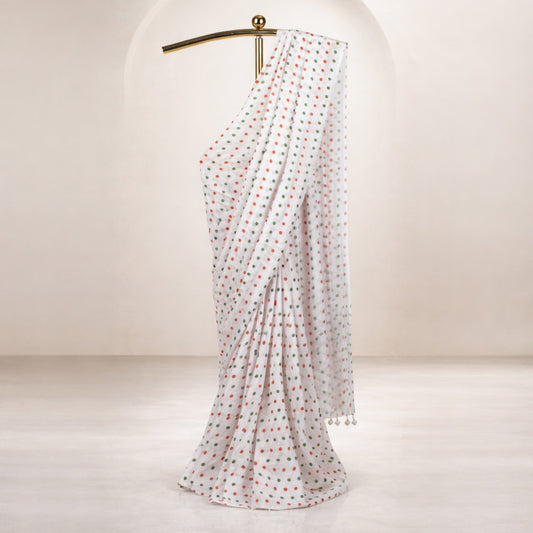 Polka Dot Pure Georgette Saree | Elegant Tricolour Design