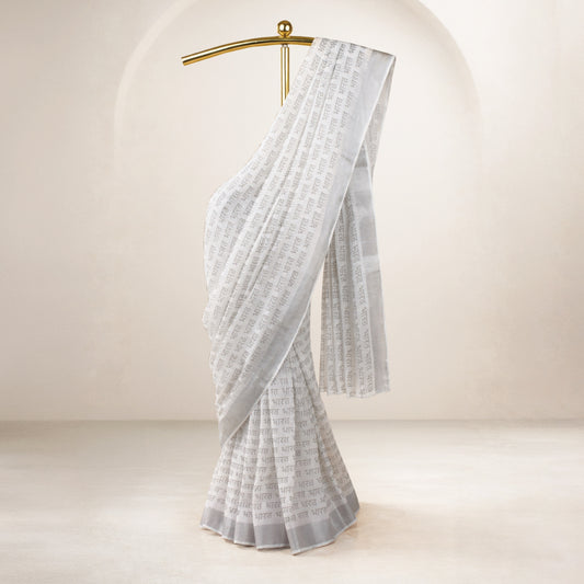 Bharat Silver Zari Border Linen Saree | Soulfully Elegant Design