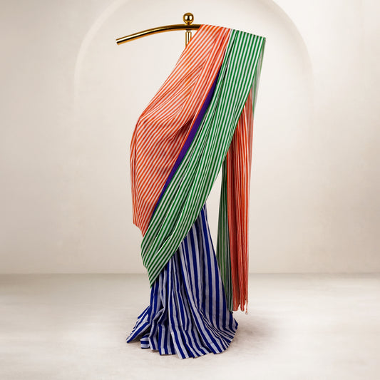Striped Pure Mulmul Cotton Saree | Contemporary Tricolour Design