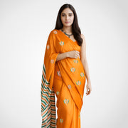 Lotus Motifs | Orange Modal Satin Saree | Luv My India Fashion | 550x115 CM | National Flower Digital Print | Elegant Patriotic Saree