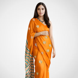 Lotus Motifs | Orange Modal Satin Saree | Luv My India Fashion | 550x115 CM | National Flower Digital Print | Elegant Patriotic Saree